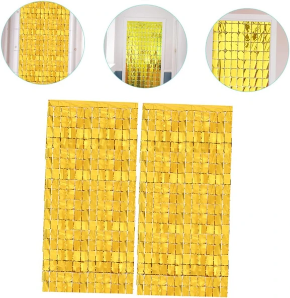 Ekstra Metalize Altın Renk Disko Dikdörtgen Kesim Kapı Perdesi Dekorasyon 1x2 Metre - 3