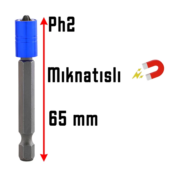 Mıknatıslı Bits Uç PH2 65 mm Renkli Vida Tutucu Sökme Yıldız Matkap Vidalama Ucu S2 Çeliği (10 Adet) - 3