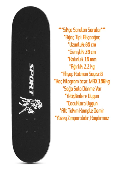 Kemik Teker Kaykay Semi-PRO 8 Katman Yüzey Zımparalı Kaymaz Skateboard 80 cm OK8 - 6