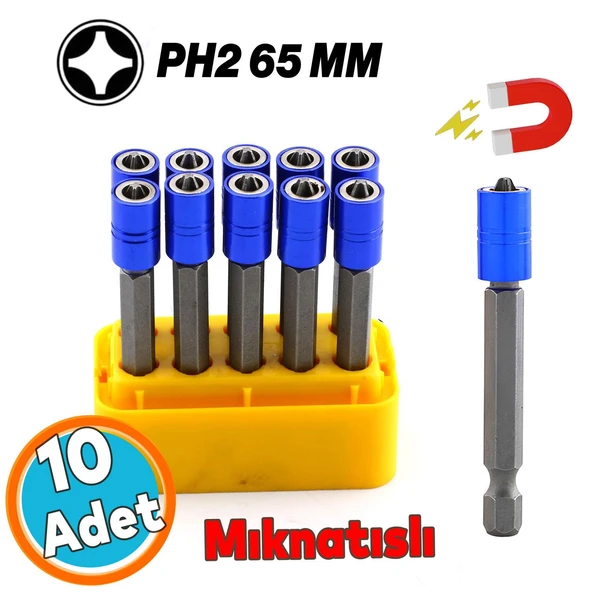 Mıknatıslı Bits Uç PH2 65 mm Renkli Vida Tutucu Sökme Yıldız Matkap Vidalama Ucu S2 Çeliği (10 Adet)