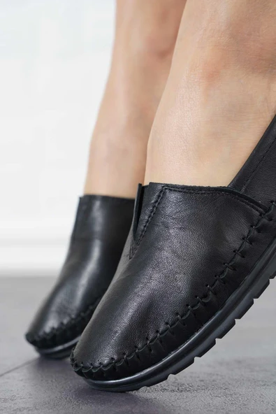 Ayakdaş Hakiki Deri Ortopedik Üstü Saraç Lastik Detaylı Kadın Babet Ayakkabı - Resim 5