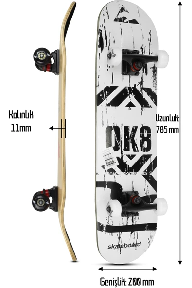 Kemik Teker Kaykay Semi-PRO 8 Katman Yüzey Zımparalı Kaymaz Skateboard 80 cm OK8 - 4