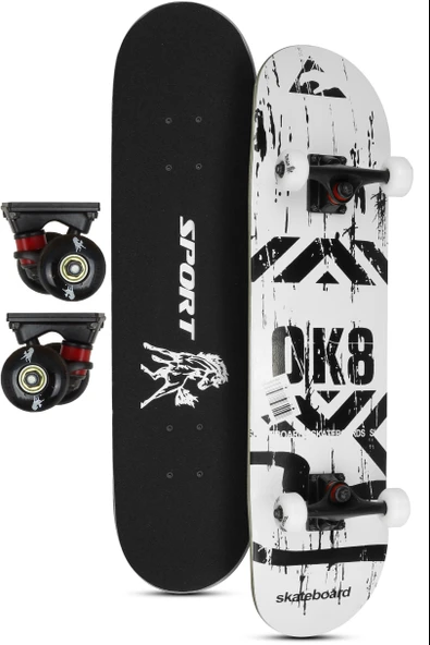 Kemik Teker Kaykay Semi-PRO 8 Katman Yüzey Zımparalı Kaymaz Skateboard 80 cm OK8