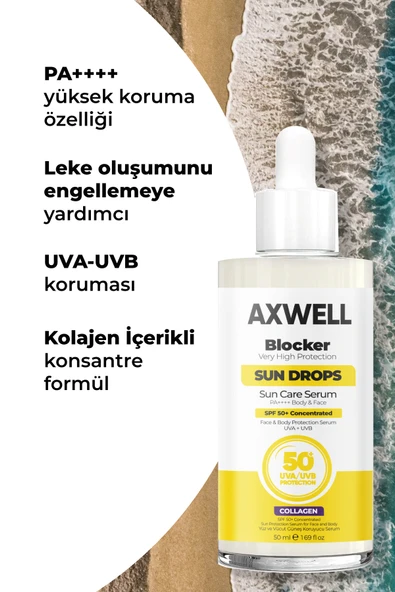 AXWELL Blocker SPF 50+ Suya Dayanıklı Yüksek UVB+UVA Korumalı Kolajen İçerikli 50ml Güneş Serumu - 5