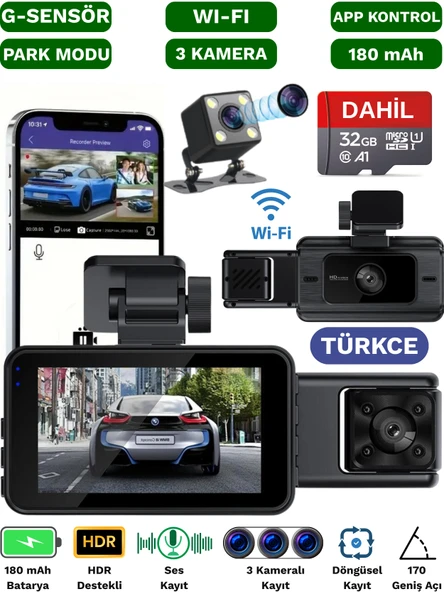 S-15 Wi-Fi Full HD 3 Kameralı Araç İçi Güvenlik Kamerası 64GB – IR Gece Görüşü, Ön-Arka-İç Kayıt,DashCam