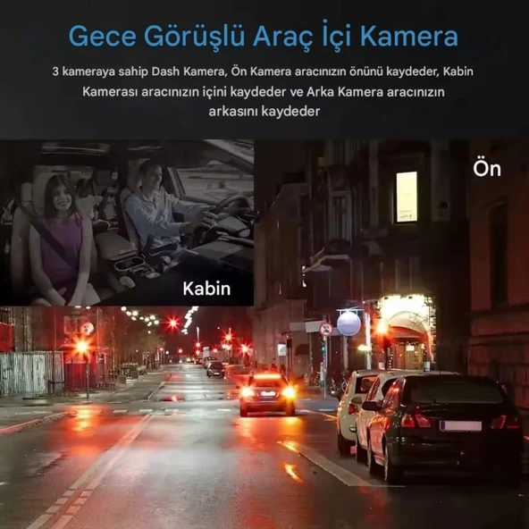 S-15 Wi-Fi Full HD 3 Kameralı Araç İçi Güvenlik Kamerası 64GB – IR Gece Görüşü, Ön-Arka-İç Kayıt,DashCam - 6