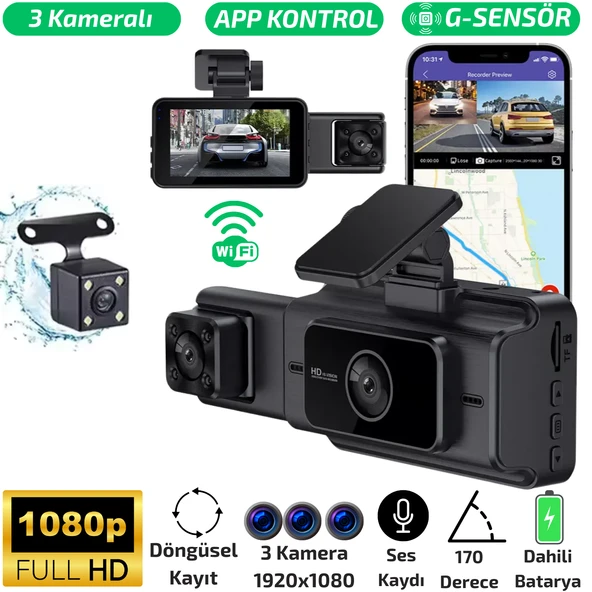 S-15 Wi-Fi Full HD 3 Kameralı Araç İçi Güvenlik Kamerası 64GB – IR Gece Görüşü, Ön-Arka-İç Kayıt,DashCam