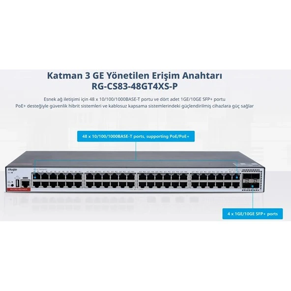 RUIJIE 48port RG-CS83-48GT4XS-P GIGABIT 4-10GBE SFP+ 405W LAYER3 YÖNETİLEBİLİR POE SWITCH - Resim 2