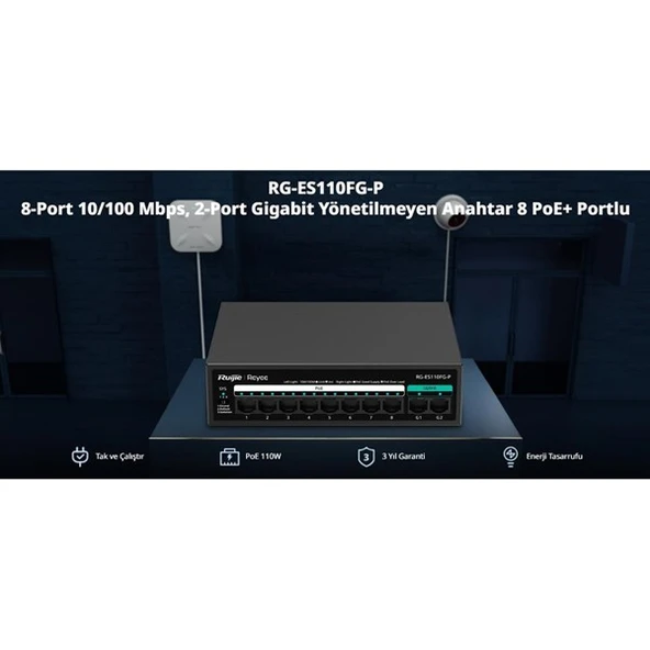 RUIJIE 8port RG-ES110FG-P 10//100 2-UPLINK 110W YÖNETİLEMEZ POE SWITCH - Resim 2
