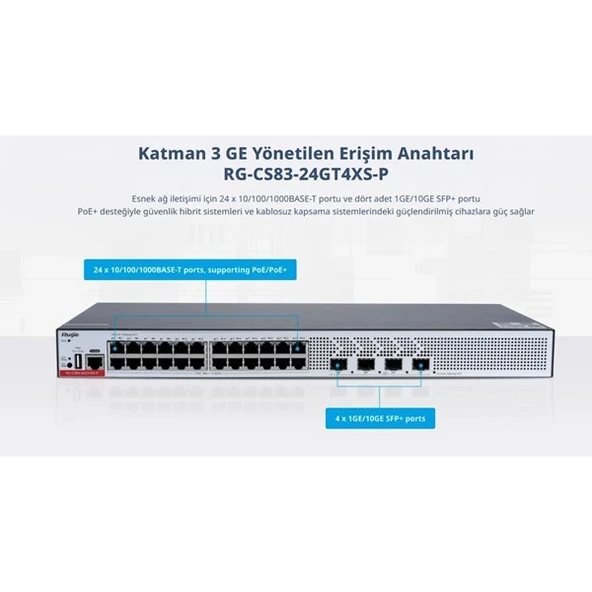 RUIJIE 24port RG-CS83-24GT4XS-P GIGABIT 4-SFP+ 10GBE 370W LAYER3 YÖNETİLEBİLİR POE SWITCH - Resim 2