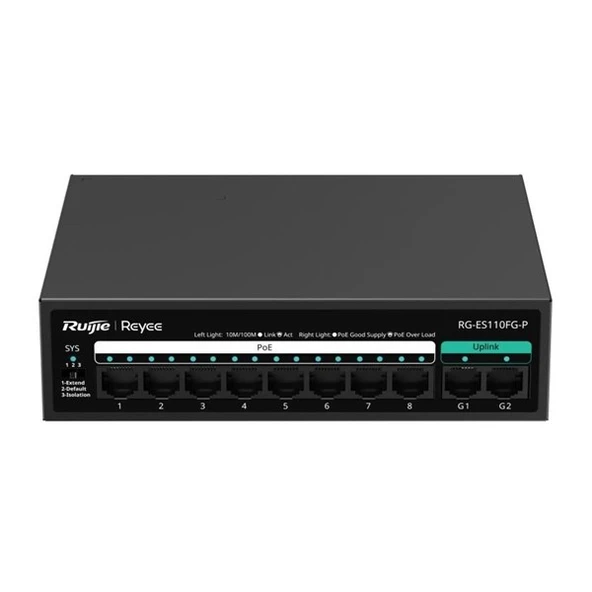 RUIJIE 8port RG-ES110FG-P 10//100 2-UPLINK 110W YÖNETİLEMEZ POE SWITCH ürün görseli