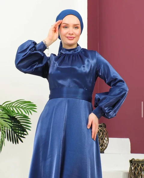 25Y9456 ELBİSE TAFTA KUMAŞ BALON KOL BEL KEMERLİ - 3
