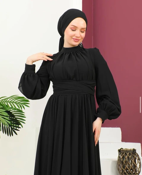 25Y9447 ELBİSE ABİYE ŞİFON ÖNÜ ÇAPRAZ BAĞLAMA UZUN - 5