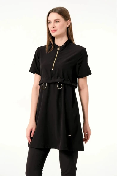 Tesmay 3410 Siyah SporLycra Üstlü Hızla Kuruyan  Kısa Kollu Yarı  Tesettür Havuz Mayo - Resim 11