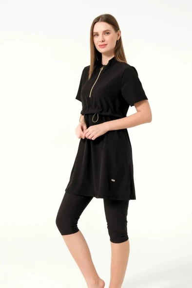 Tesmay 3410 Siyah SporLycra Üstlü Hızla Kuruyan  Kısa Kollu Yarı  Tesettür Havuz Mayo - Resim 14