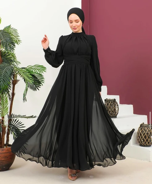 25Y9447 ELBİSE ABİYE ŞİFON ÖNÜ ÇAPRAZ BAĞLAMA UZUN - 2