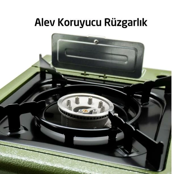 Rox Camping 0188 Tekli Portatif Kamp Ocak - Haki Yeşil, Rüzgarlıklı, Ekstra Gaz Girişli - 8