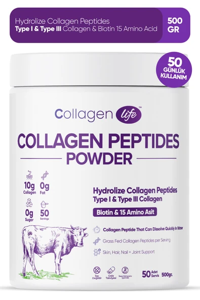 Collagen Life %100 Hidrolize Kolajen Peptitler Biotin Ve 15 Amino Asit İçeren Gıda Takviyesi 50 Günlük