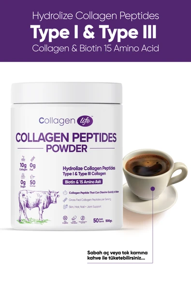 Collagen Life %100 Hidrolize Kolajen Peptitler Biotin Ve 15 Amino Asit İçeren Gıda Takviyesi 50 Günlük - 2