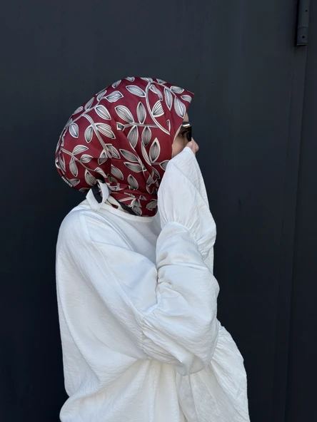 Pamuklu Soft Yaprak Desen Eşarp-Bordo - 3