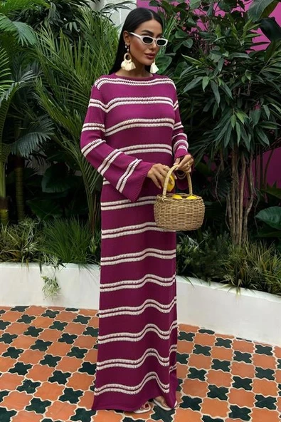 Çizgili Desenli ve Sırt Dekolteli İspanyol Kollu Bisiklet Yaka Kadın Triko Uzun Elbise Mürdüm- Ekru - 5