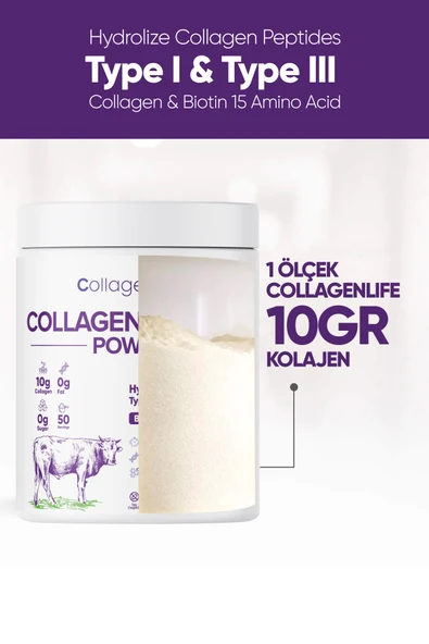 Collagen Life %100 Hidrolize Kolajen Peptitler Biotin Ve 15 Amino Asit İçeren Gıda Takviyesi 50 Günlük - 3