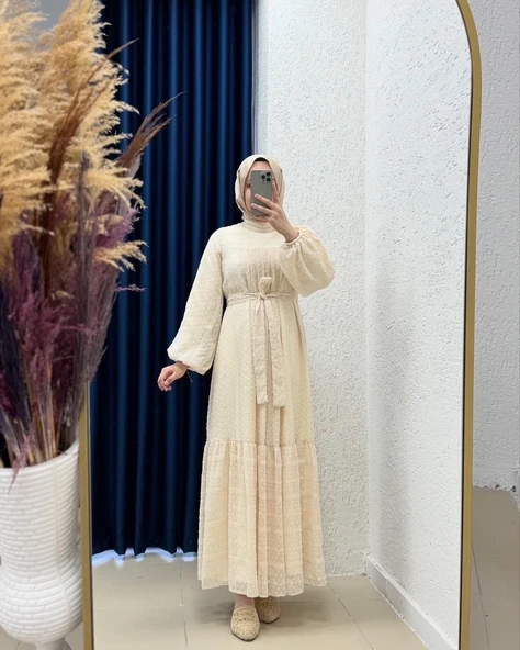 25Y9425 ELBİSE FİSTO KUMAŞ BEL KUŞAKLI
