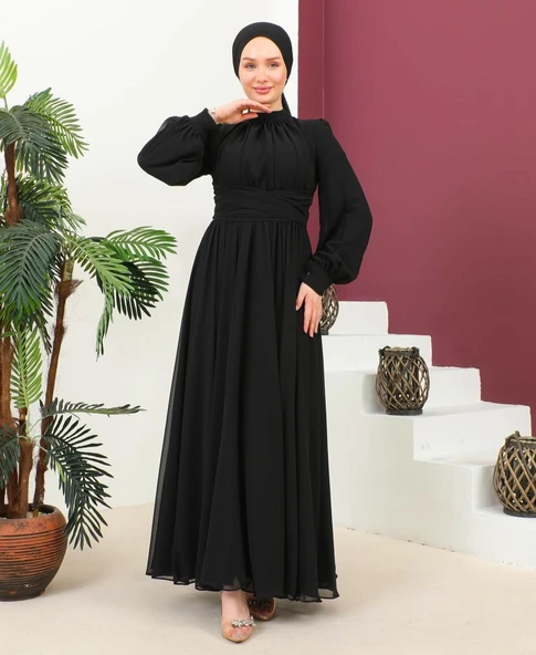 25Y9447 ELBİSE ABİYE ŞİFON ÖNÜ ÇAPRAZ BAĞLAMA UZUN - 6