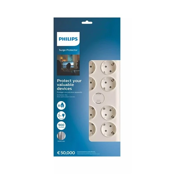 PHILIPS 8-li SPN7080WA/62 900 Joules Akım Koruma Prizi Beyaz - Resim 2