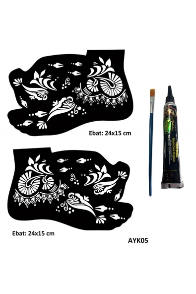 Alsepeteavm Sümbül Desenleri 2 Adet Ayak Kalıbı ve Siyah Hint Kınası Geçici Dövme Yapma Seti