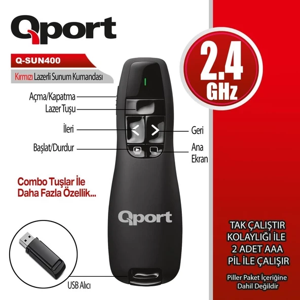 QPORT Q-SUN400 2.4 GHZ USB KIRMIZI LAZERLİ SUNUM KUMANDASI - PRESENTER - 1