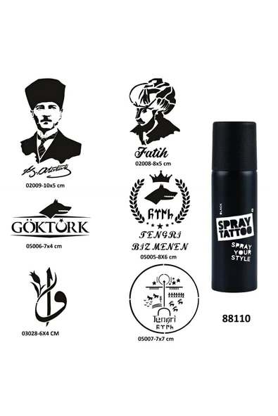 Alsepeteavm Atatürk Fatih Spray Tattoo Geçici Dövme Seti Dark Sprey Dövme Kiti
