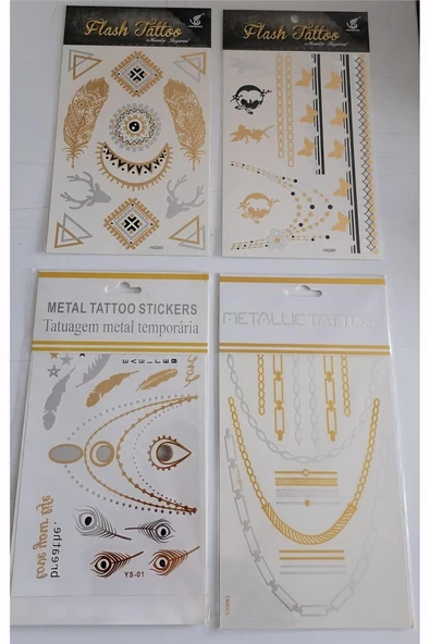 Alsepeteavm Flash Tattoos Altın Yaldızlı Geçici Dövme 4 Kartela Birden Model3