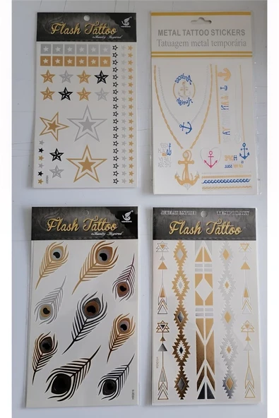 Alsepeteavm Flash Tattoos Altın Yaldızlı Geçici Dövme 4 Kartela Birden Model5