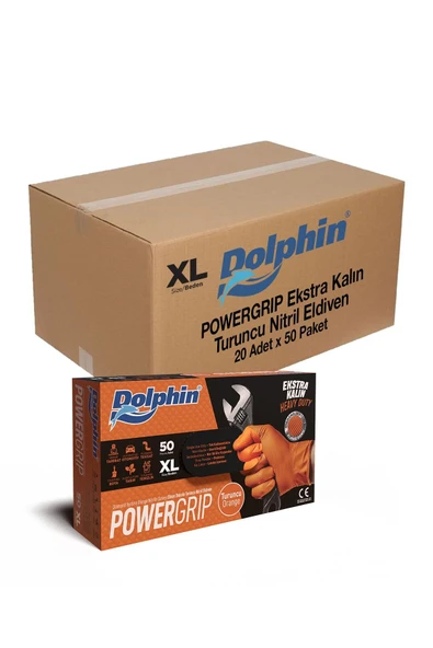 Dolphin Powergrip Ekstra Kalın Turuncu Nitril Eldiven Elmas Dokulu M 50 adet X 20 Paket - Koli