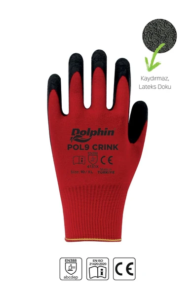 Alsepeteavm  Dolphin Polyester Lateks İş Eldiveni Kırmızı/siyah Pol9 Crınk 10-xl 1 Çift