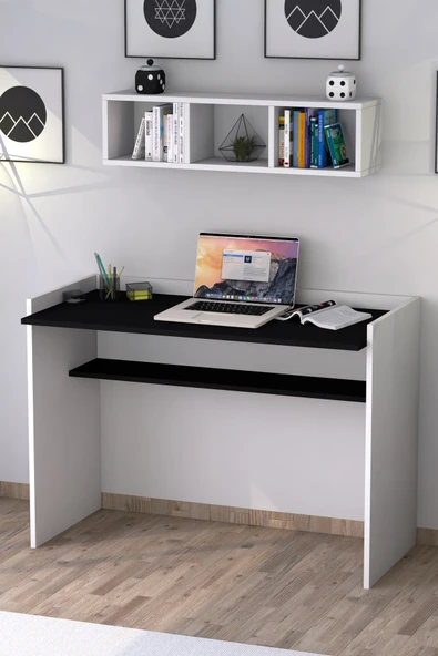 Sera Çalışma Masası Duvar Raflı Beyaz Siyah - Resim 2