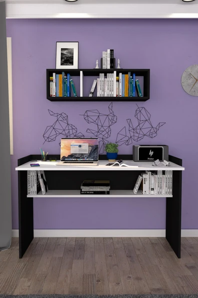 Sera Çalışma Masası Duvar Raflı Beyaz Siyah - Resim 6