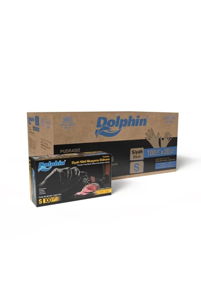 Dolphin Siyah Çok Amaçlı Nitril Muayene Eldiveni M Beden | 20 Paket Koli - Mdr