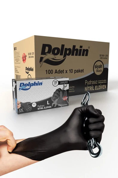 Alsepeteavm  Dolphin Siyah Nitril Eldiven Pudrasız Ekstra Kalın L 100 Adet X 10 Paket - Koli