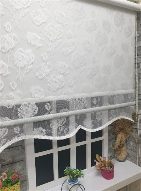 Çift Mekanizmalı Kirli Beyaz Tül Perde ve Ekru Stor Perde STB1093  Beyaz 190 x 200