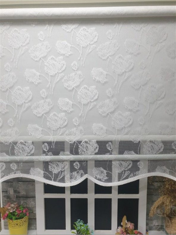 StorBurada Çift Mekanizmalı Kirli Beyaz Tül Perde ve Ekru Stor Perde STB1093  Beyaz 120 x 200 - Resim 2