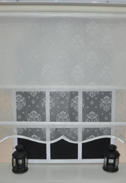 StorBurada Çift Mekanizmalı Kirli Beyaz Damask Tül Perde ve Ekru Stor Perde STB45252-V01  Ekru 40 x 200 ürün görseli 1