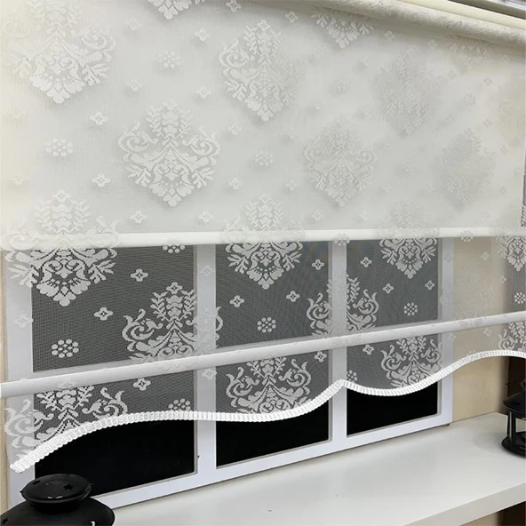 StorBurada Çift Mekanizmalı Kirli Beyaz Damask Tül Perde ve Ekru Stor Perde STB45252-V01  Ekru 140 x 200 - Resim 11