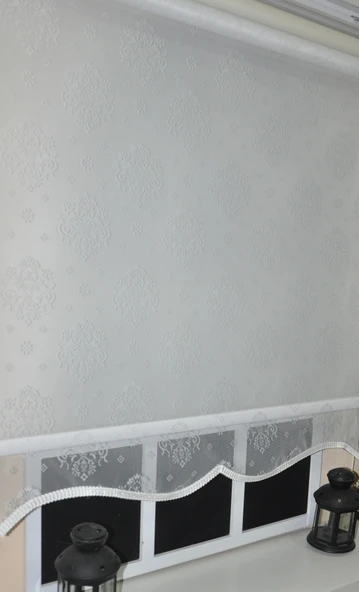 Çift Mekanizmalı Kirli Beyaz Damask Tül Perde ve Ekru Stor Perde STB45252-V01  EKRU 200 x 260
