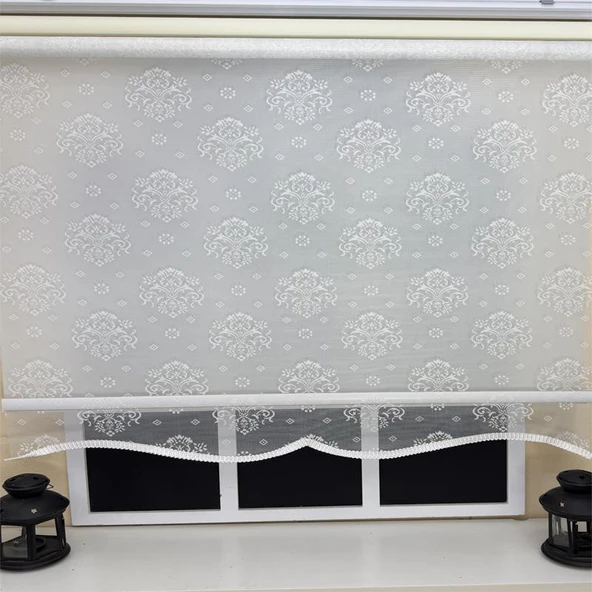 StorBurada Çift Mekanizmalı Kirli Beyaz Damask Tül Perde ve Ekru Stor Perde STB45252-V01  Ekru 120 x 260 - Resim 9