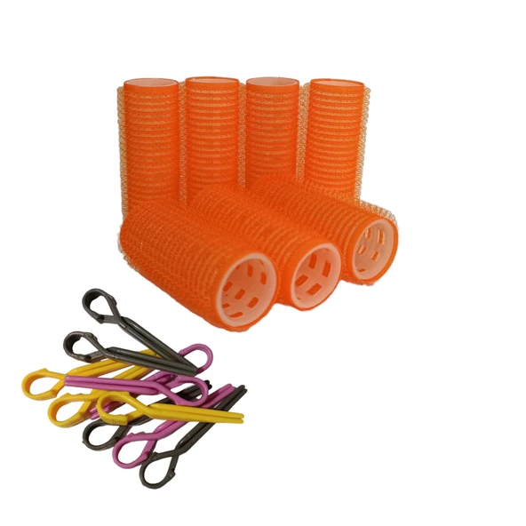 Croc 1216 Turuncu Cırtlı Plastik Bigudi 7Li Çap:2,5Cm + 10Lu Plastik Saç Pensi - Resim 2