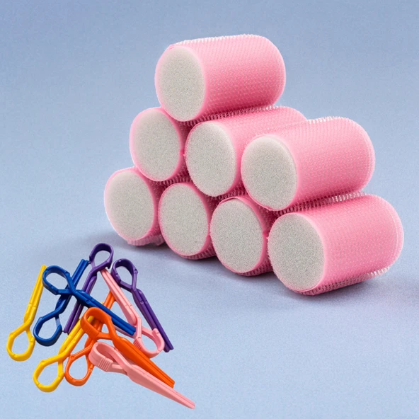 Croc 1207 Pembe Cırtlı Sünger Bigudi 8Li Çap 4Cm + 10Lu Plastik Saç Pensi ürün görseli