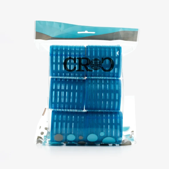 Croc 1214 Mega Boy Bigudi 6Lı + Saç Pensi 12Li Cırtlı - Yapışkanlı Bigudi Mavi - Resim 3