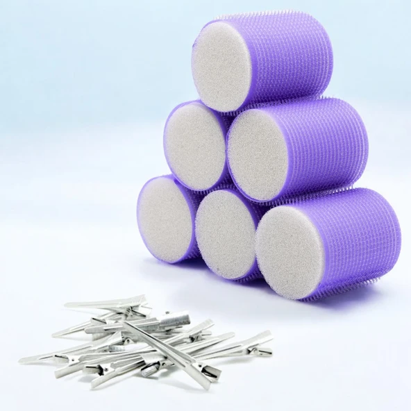 Croc 1203 Mor Cırtlı Sünger Bigudi 6Lı Çap 5Cm +12Li Alüminyum Saç Pensi ürün görseli